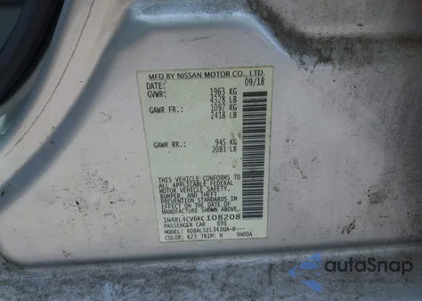 2019 Nissan Altima 2.5 Sr from USA, damaged, VIN 1N4BL4CV6KC108208